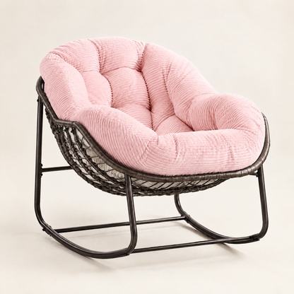 The Moonbeam papasan rocker, rattan + corduroy in Pink, studio photo