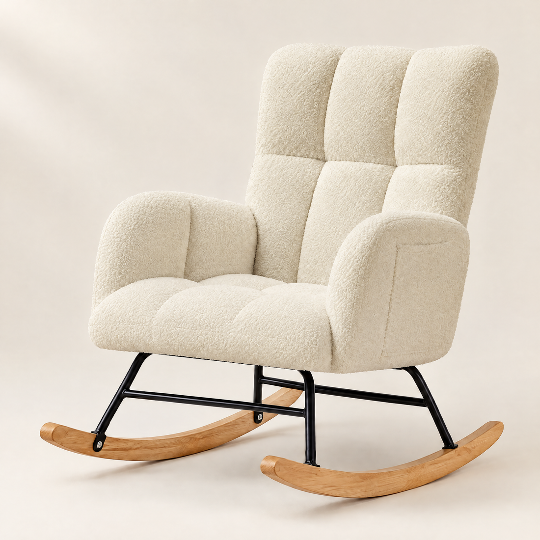 The Nestle teddy nursery rocker with side pockets in Beige, studio photo