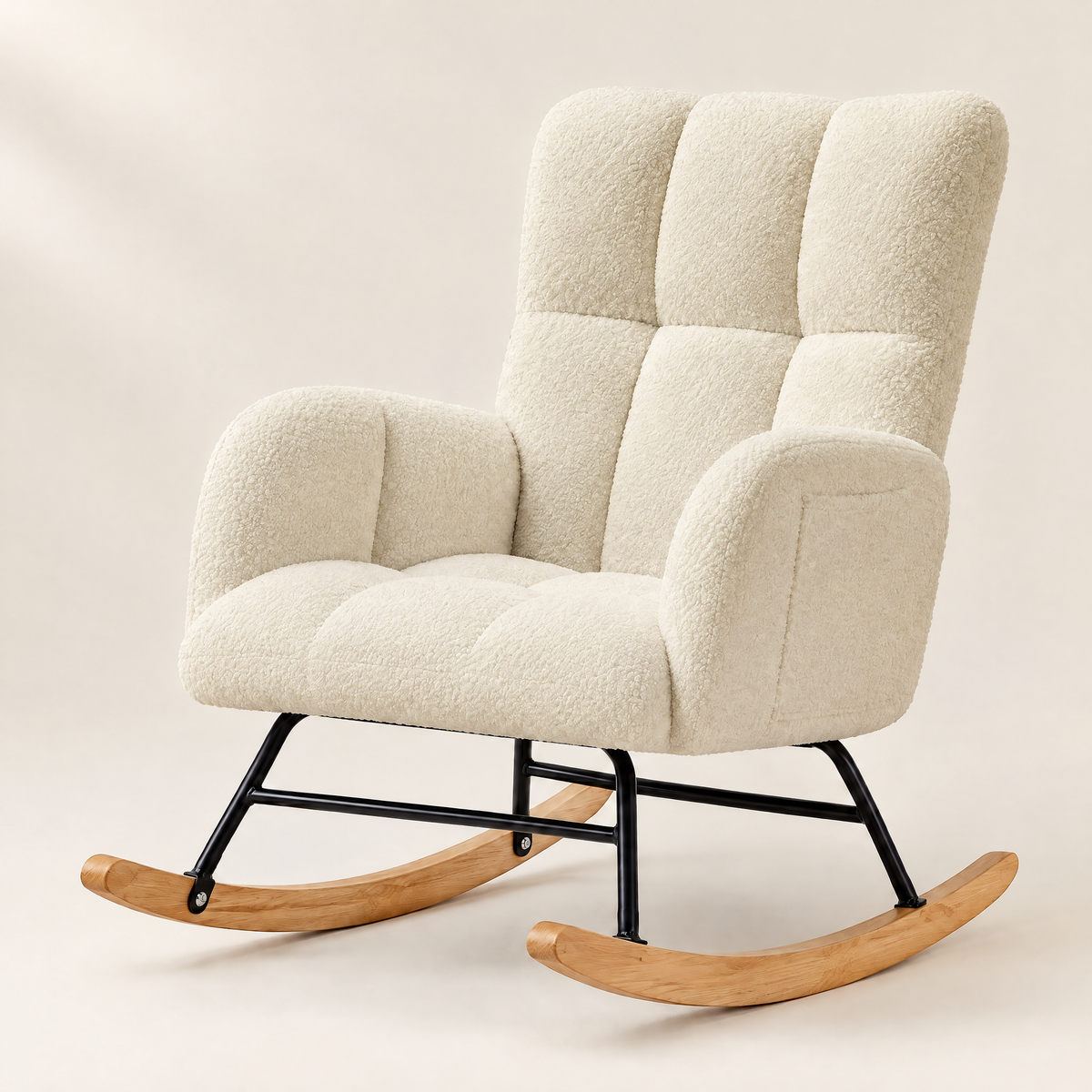 The Nestle teddy nursery rocker with side pockets in Beige, studio photo