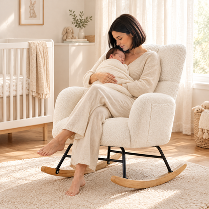 A mother in her early 30s with a sleek black bob gently holding her sleeping newborn swaddled in a cream blanket, in The Nestle teddy nursery rocker with side pockets in a bright nursery