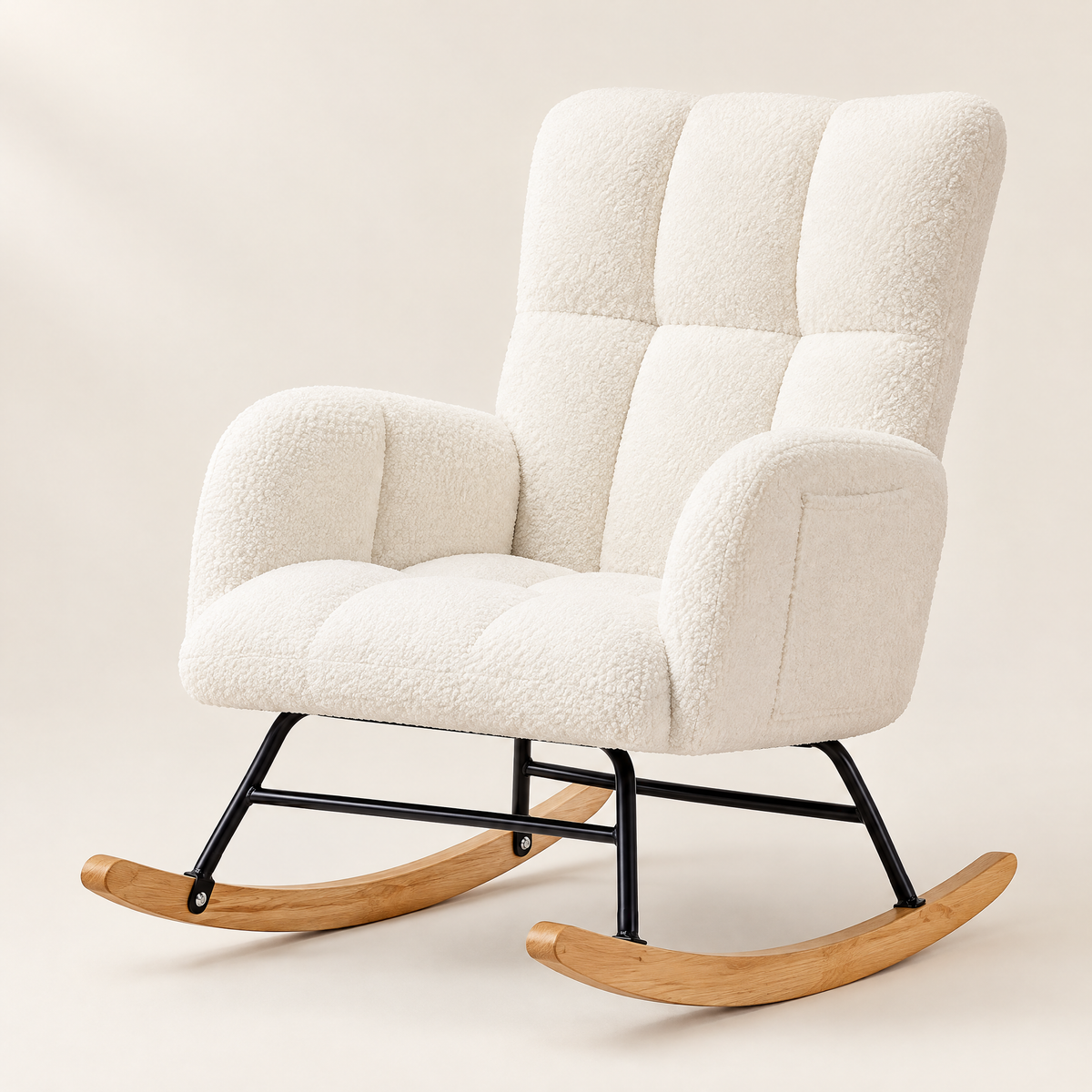 The Nestle teddy nursery rocker with side pockets in White, studio photo