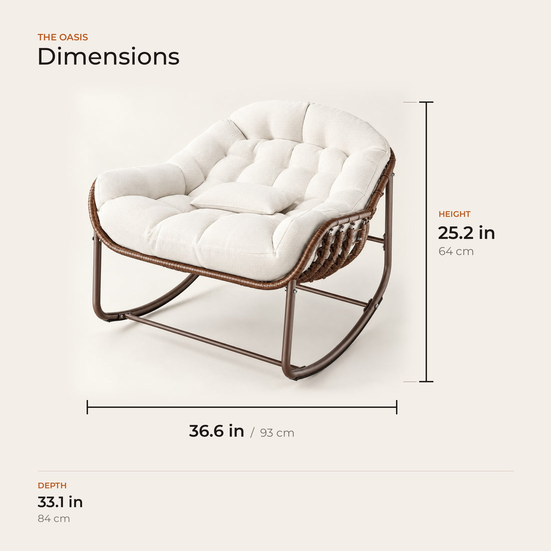 The Oasis dimensions: width, depth and height in inches and centimeters