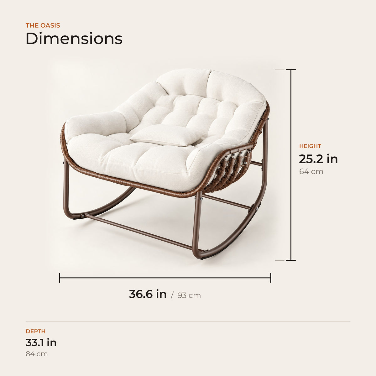 The Oasis dimensions: width, depth and height in inches and centimeters