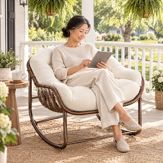An East Asian woman with a low bun in her mid 50s, scrolling a tablet with a smile, in The Oasis oversized wicker rocker in a classic front porch