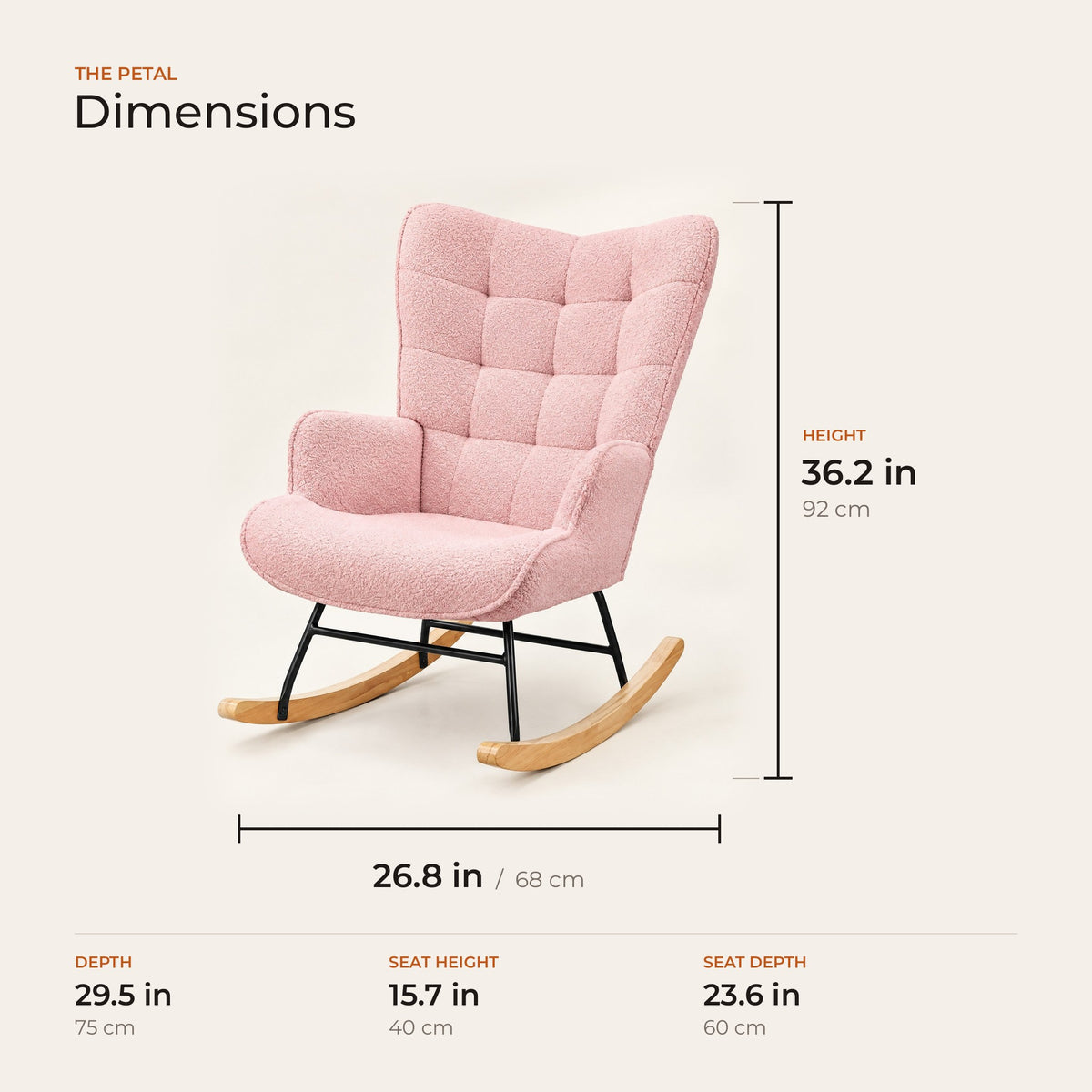 The Petal dimensions: width, depth and height in inches and centimeters
