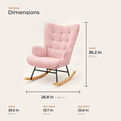The Petal dimensions: width, depth and height in inches and centimeters