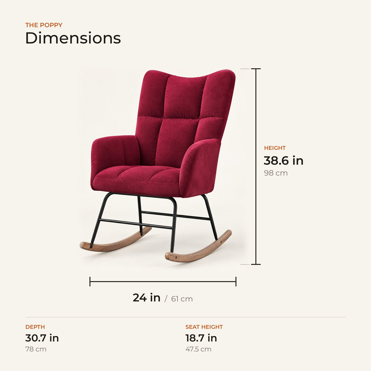 The Poppy dimensions: width, depth and height in inches and centimeters