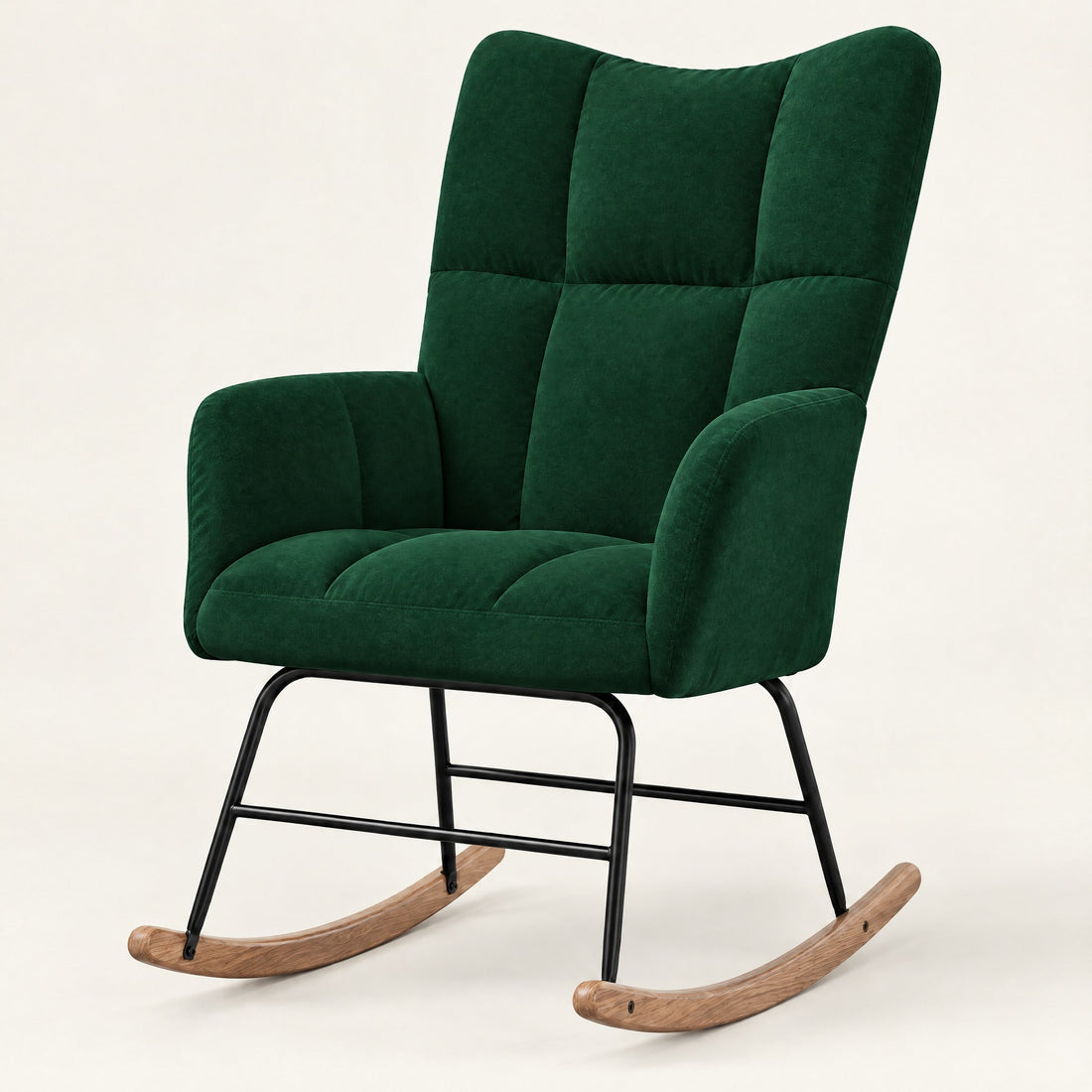 The Poppy tufted velvet wingback rocker in Forest Green, studio photo