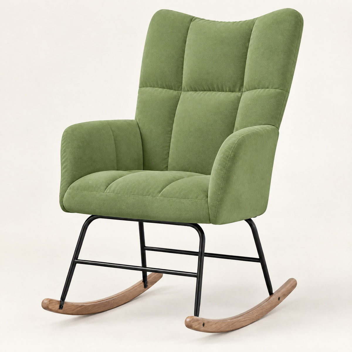 The Poppy tufted velvet wingback rocker in Sage Green, studio photo