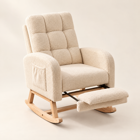 The Posy tufted teddy nursing rocker, hidden footrest in Cream, studio photo