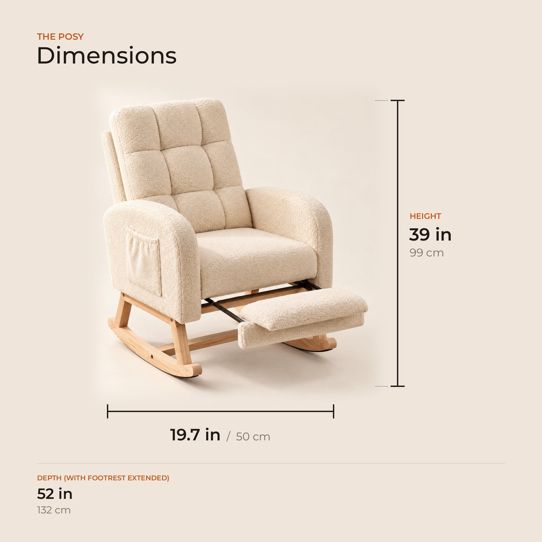 The Posy dimensions: width, depth and height in inches and centimeters