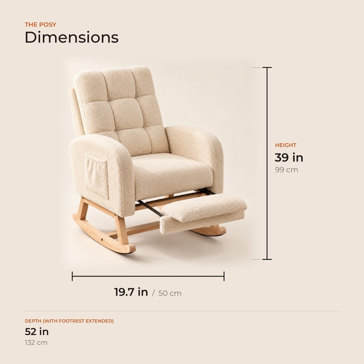 The Posy dimensions: width, depth and height in inches and centimeters