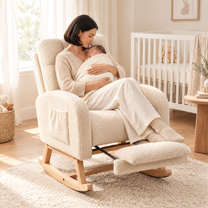 A mother in her early 30s with a sleek black bob gently holding her sleeping newborn swaddled in a cream blanket, in The Posy tufted teddy nursing rocker, hidden footrest in a bright nursery