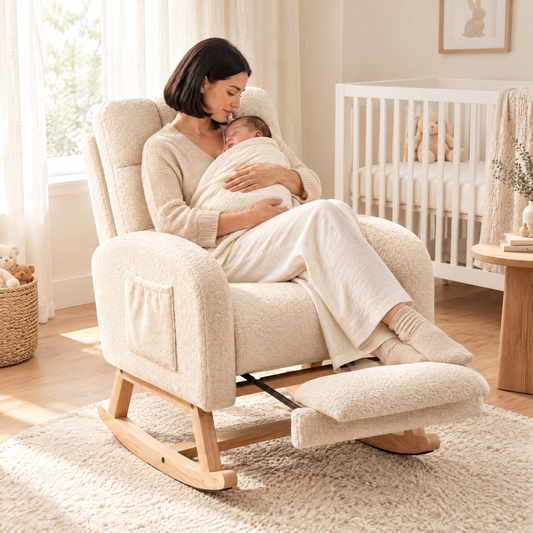 A mother in her early 30s with a sleek black bob gently holding her sleeping newborn swaddled in a cream blanket, in The Posy tufted teddy nursing rocker, hidden footrest in a bright nursery