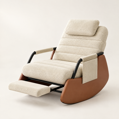 The Rowan cocoon recliner rocker, built-in footrest in Cream, studio photo
