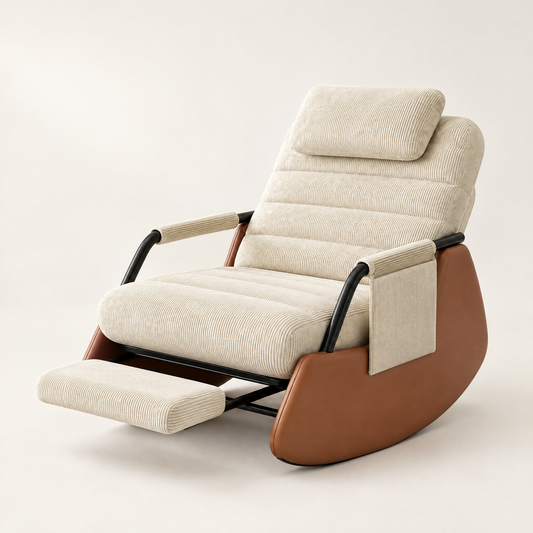 The Rowan cocoon recliner rocker, built-in footrest in Cream, studio photo