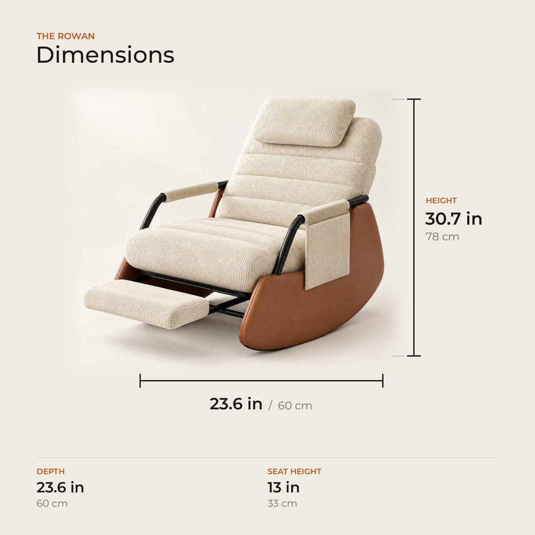 The Rowan dimensions: width, depth and height in inches and centimeters