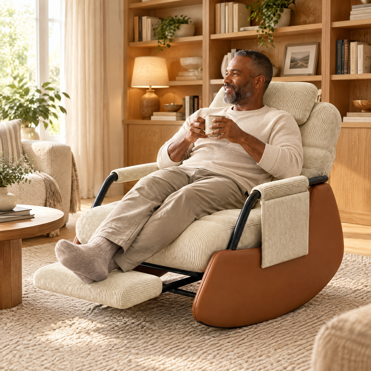 A Black man with a short gray beard in his mid 40s, holding a cup of coffee and smiling, in The Rowan cocoon recliner rocker, built-in footrest in a cozy den