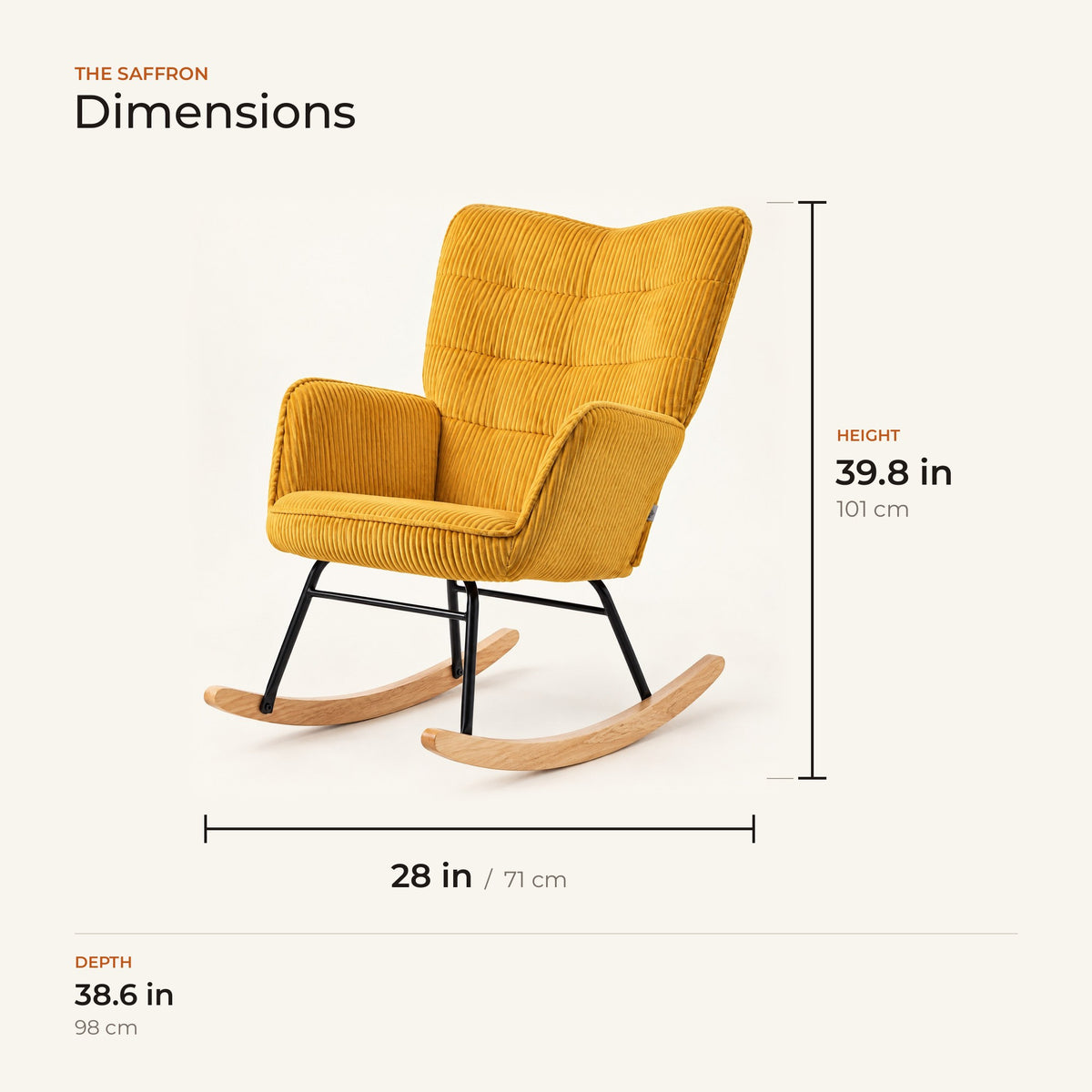 The Saffron dimensions: width, depth and height in inches and centimeters