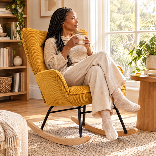 A Black woman with long box braids in her mid 50s, holding a mug of tea and looking out the window, in The Saffron ribbed designer rocker in a sunlit reading corner