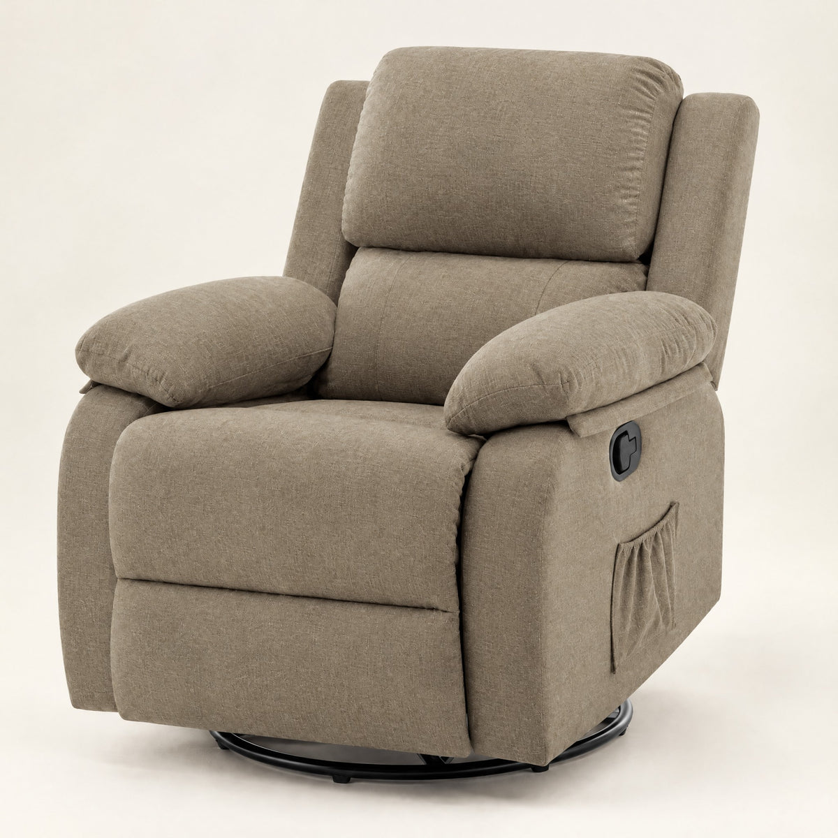 The Scout compact 360 swivel rocker recliner in Khaki, studio photo