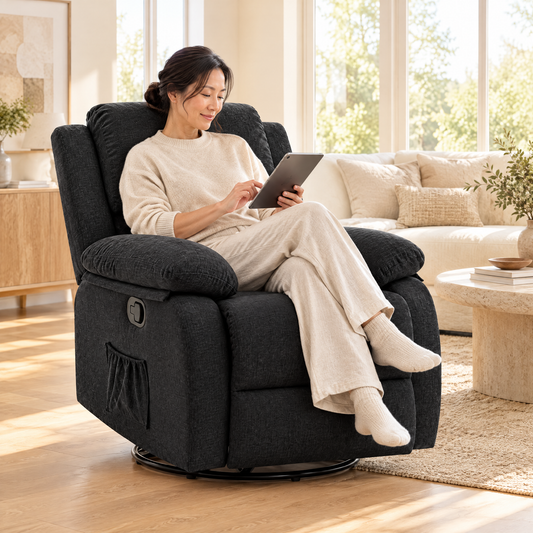 An East Asian woman with a low bun in her mid 40s, scrolling a tablet with a smile, in The Scout compact 360 swivel rocker recliner in a sunny living room