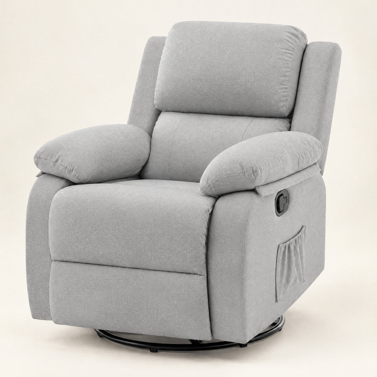 The Scout compact 360 swivel rocker recliner in Light Gray, studio photo