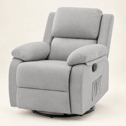 The Scout compact 360 swivel rocker recliner in Light Gray, studio photo