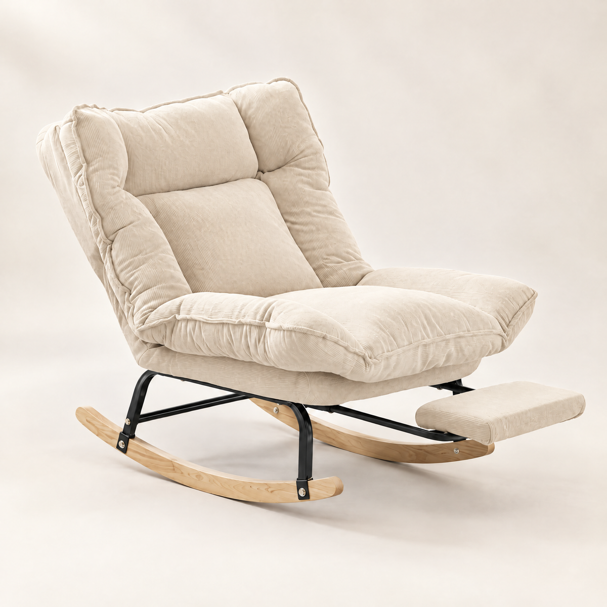 The Slumber reclining rocker + footrest, 90 to 180 degrees in Beige, studio photo