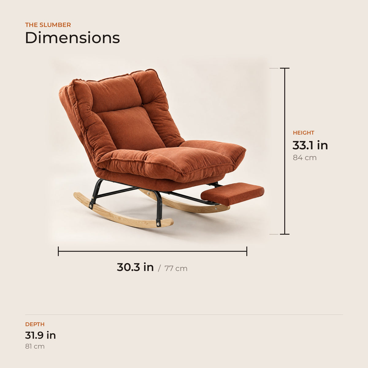 The Slumber dimensions: width, depth and height in inches and centimeters