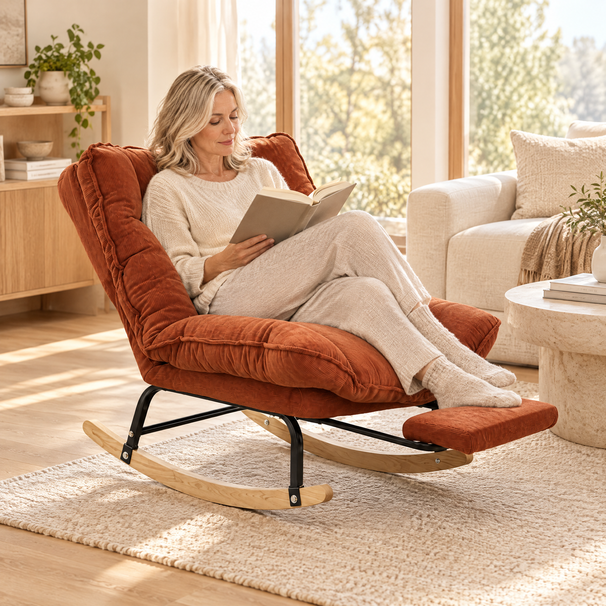 A woman with shoulder-length silver-blonde hair in her early 50s, reading a hardcover book, in The Slumber reclining rocker + footrest, 90 to 180 degrees in a sunny living room