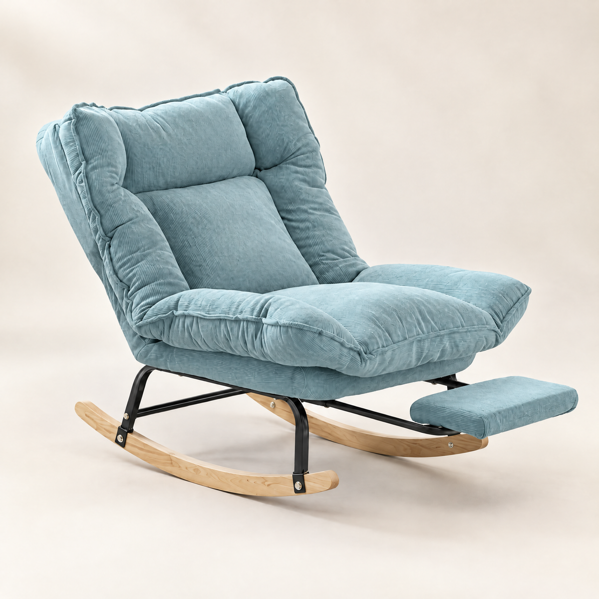 The Slumber reclining rocker + footrest, 90 to 180 degrees in Light Blue, studio photo