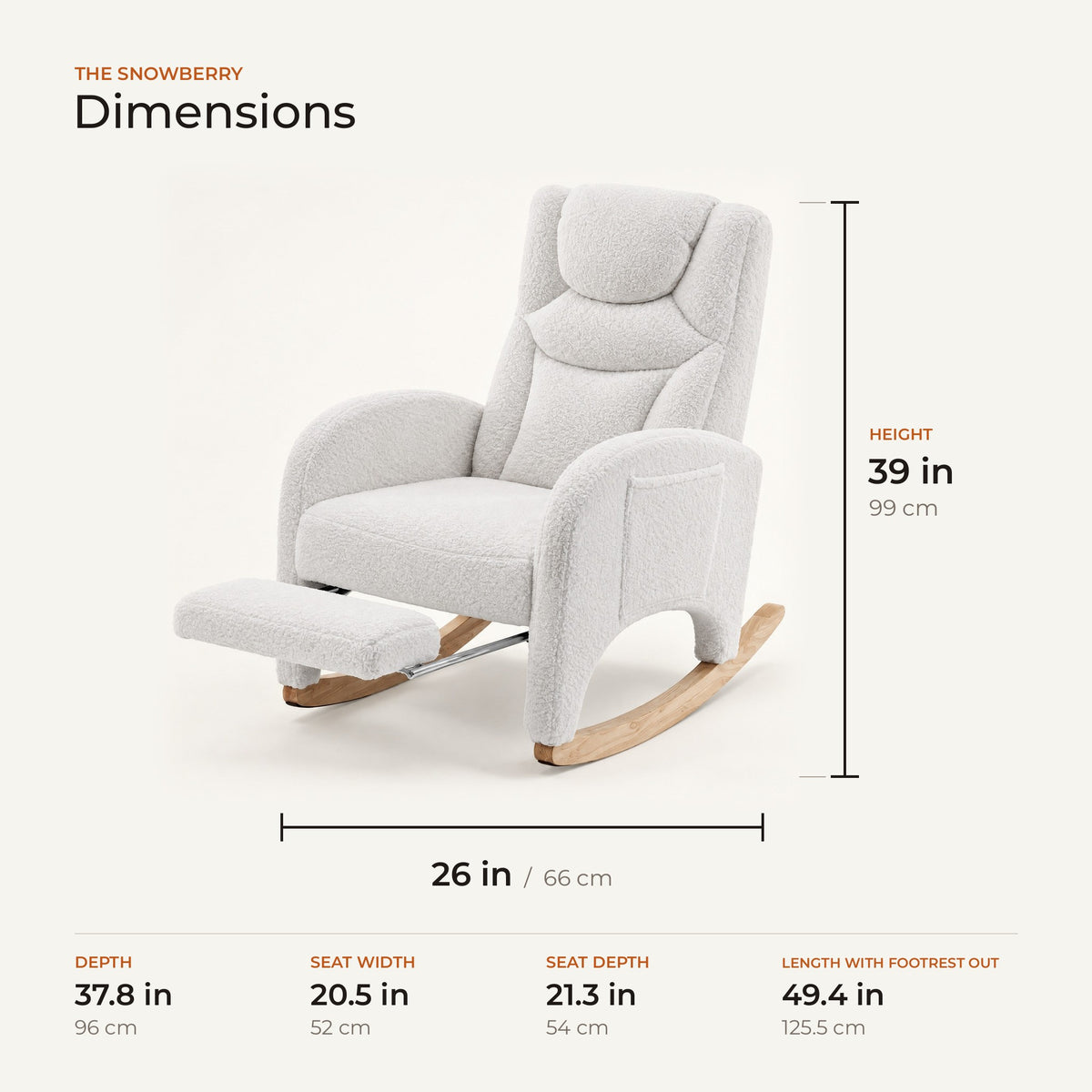 The Snowberry dimensions: width, depth and height in inches and centimeters