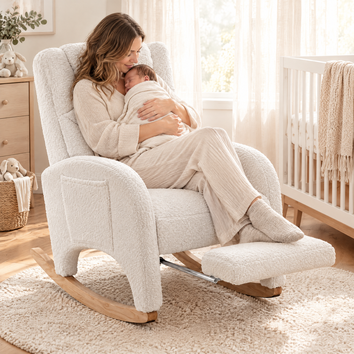 A mother in her early 30s with light brown wavy hair gently holding her sleeping newborn swaddled in a cream blanket, in The Snowberry teddy nursing rocker, fold-out footrest in a bright nursery