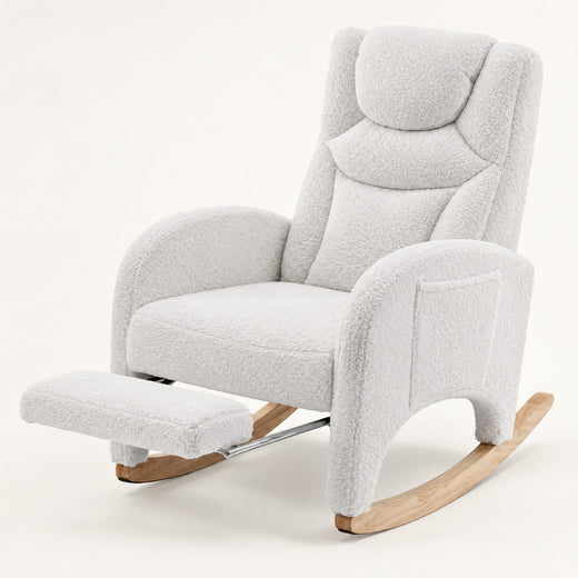 The Snowberry teddy nursing rocker, fold-out footrest in White, studio photo