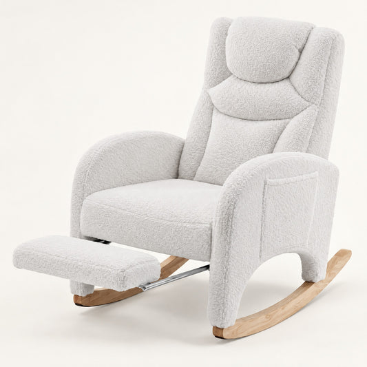 The Snowberry teddy nursing rocker, fold-out footrest in White, studio photo