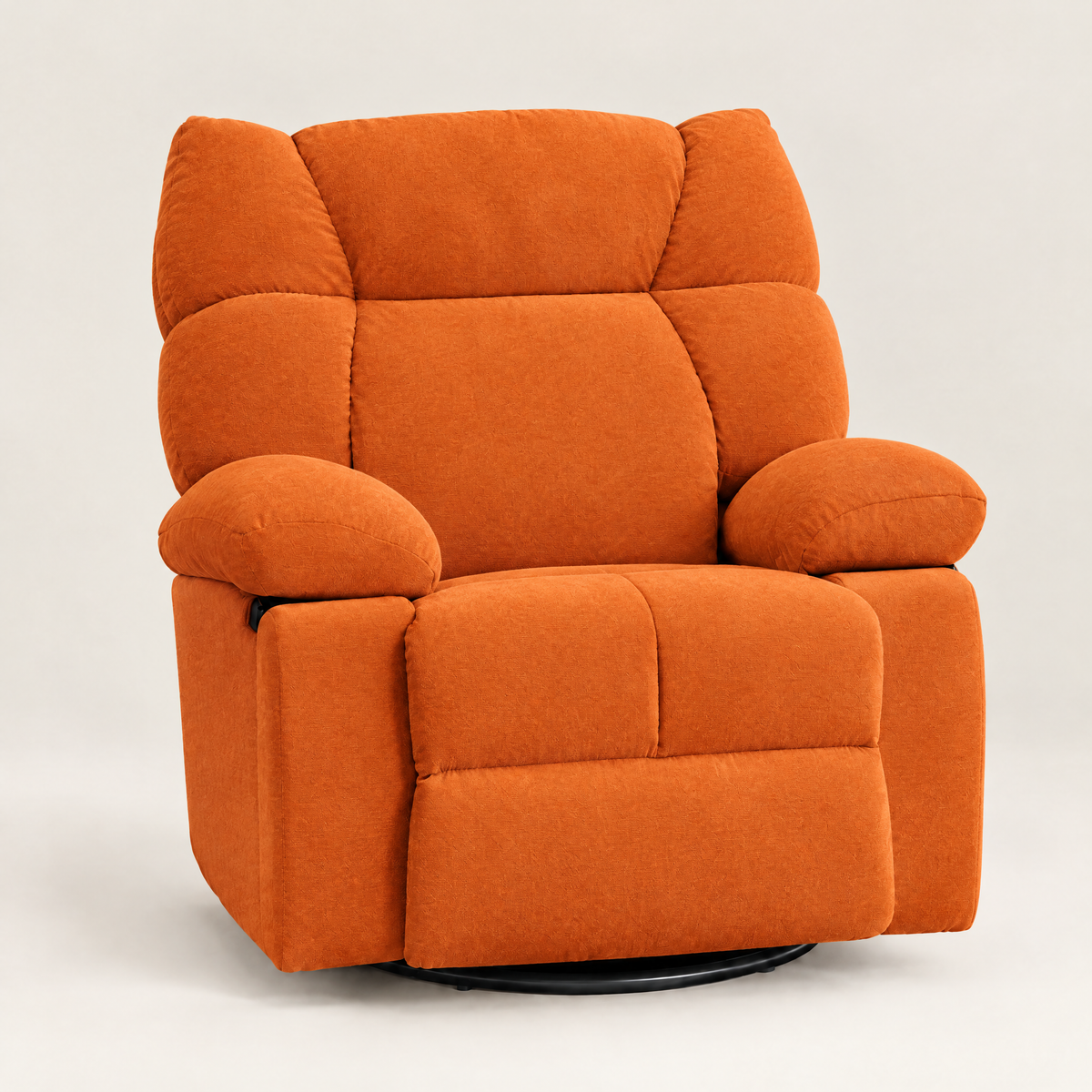 The Solace power swivel rocker recliner, heat + massage in Orange, studio photo