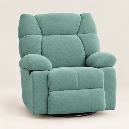 The Solace power swivel rocker recliner, heat + massage in Sage Green, studio photo