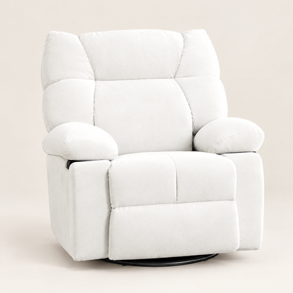 The Solace power swivel rocker recliner, heat + massage in White, studio photo