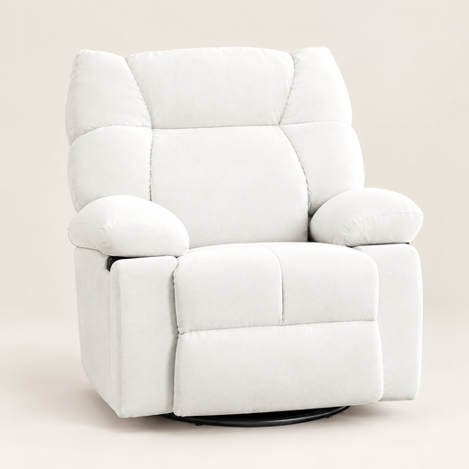 The Solace power swivel rocker recliner, heat + massage in White, studio photo