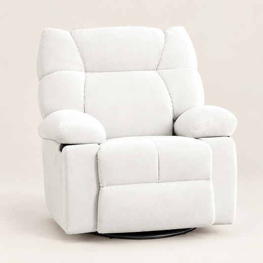 The Solace power swivel rocker recliner, heat + massage in White, studio photo