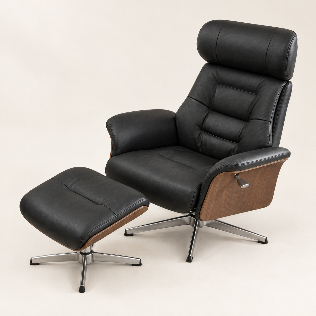 The Sterling faux leather swivel recliner + ottoman in Black, studio photo