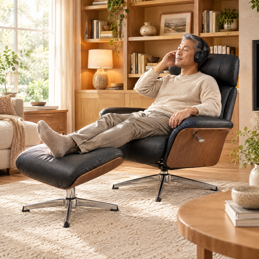 An East Asian man with short graying hair in his mid 50s, listening to music with headphones, in The Sterling faux leather swivel recliner + ottoman in a cozy den