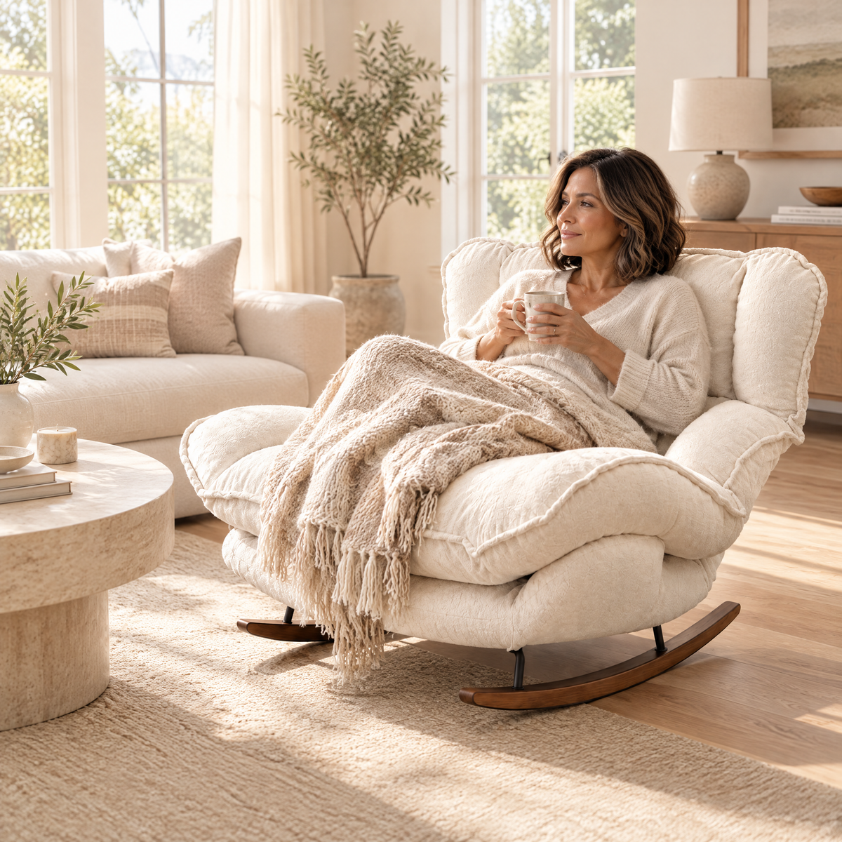 A Latina woman with a soft brown bob in her early 50s, relaxing with a soft knit throw over her legs, in The Sunday 5-position reclining rocker in a sunny living room