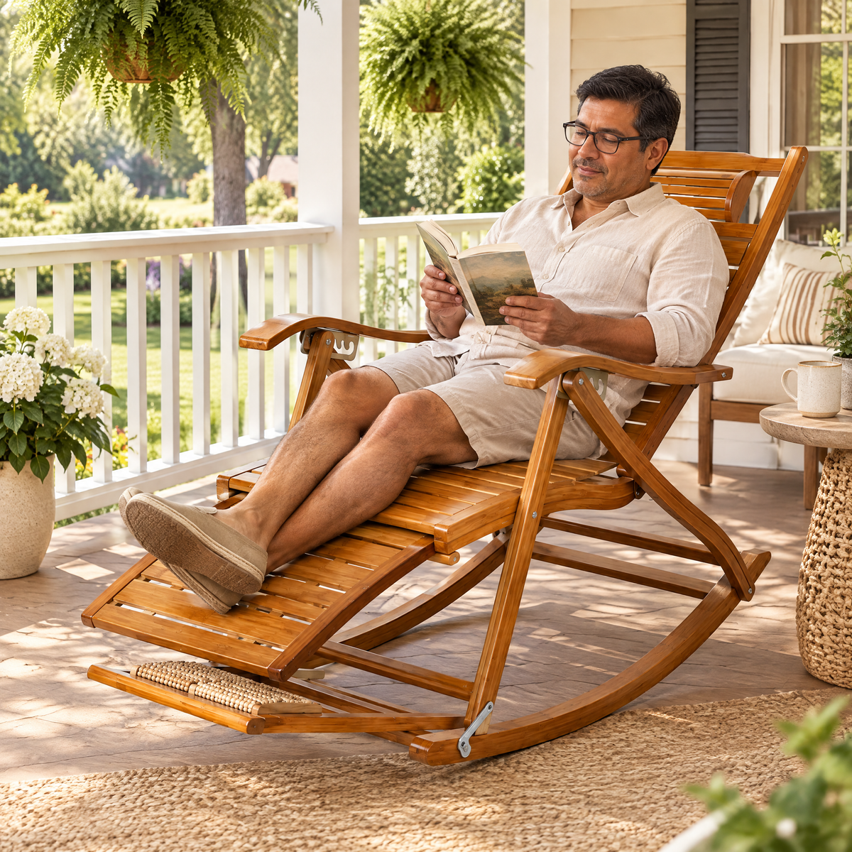 A Latino man with glasses and short dark hair in his early 50s, reading a paperback, in The Sway bamboo rocking lounger in a classic front porch