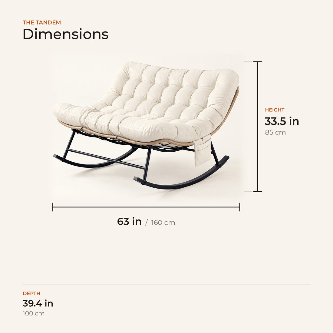 The Tandem dimensions: width, depth and height in inches and centimeters