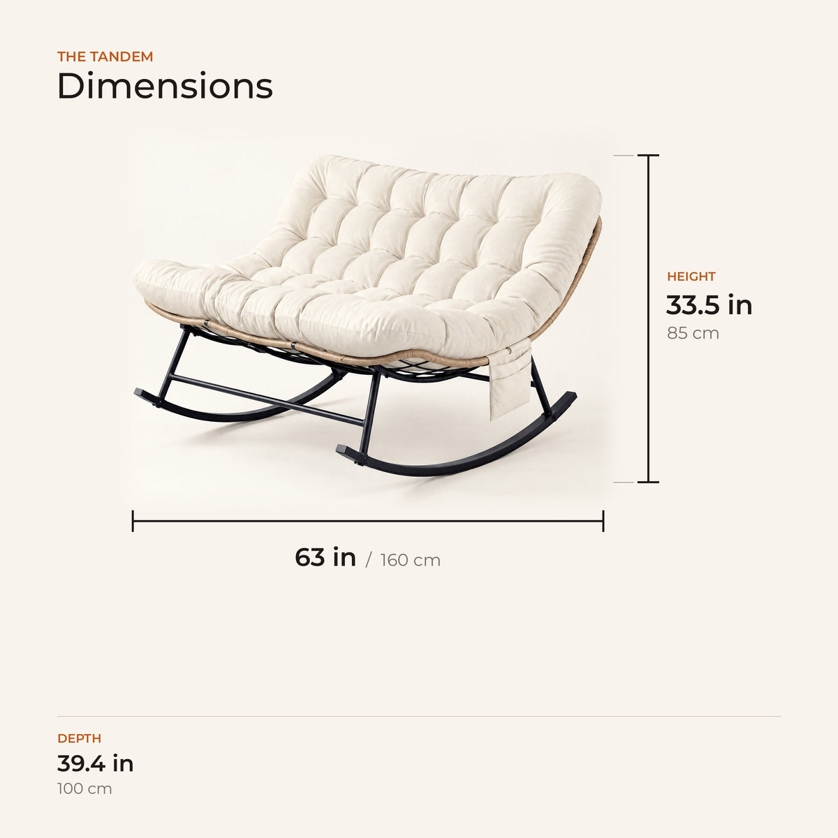 The Tandem dimensions: width, depth and height in inches and centimeters