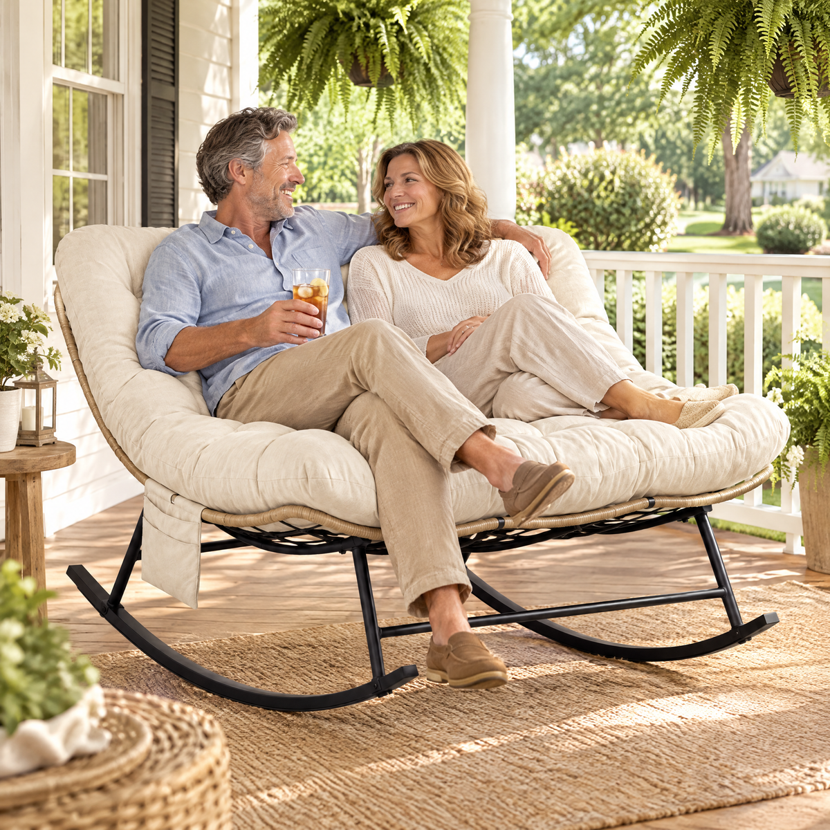 A smiling couple in their mid 50s, relaxed, one holding a glass of iced tea, in The Tandem 2-seat rocking loveseat in a classic front porch