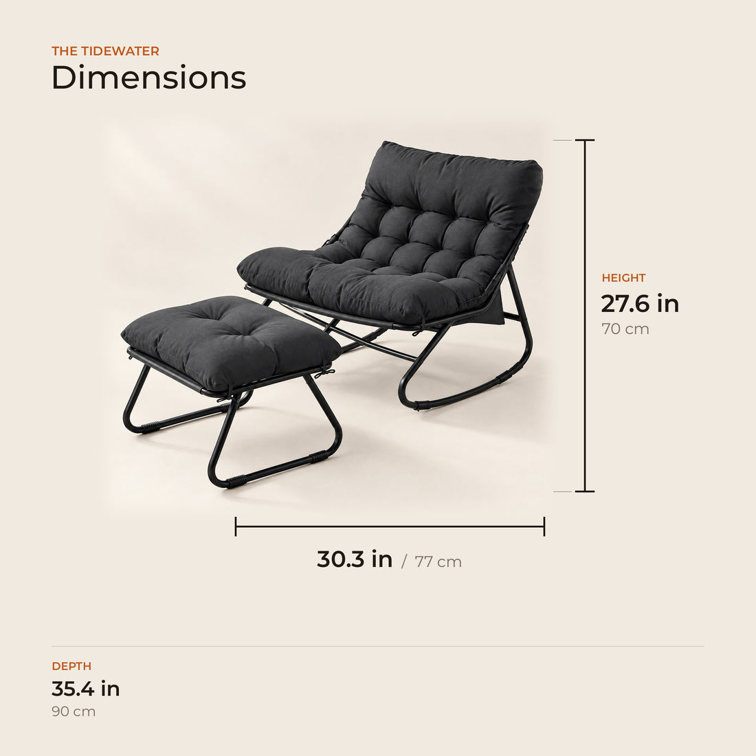 The Tidewater dimensions: width, depth and height in inches and centimeters
