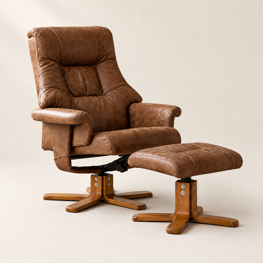 The Tucker microfiber swivel recliner + ottoman in Chestnut Brown, studio photo